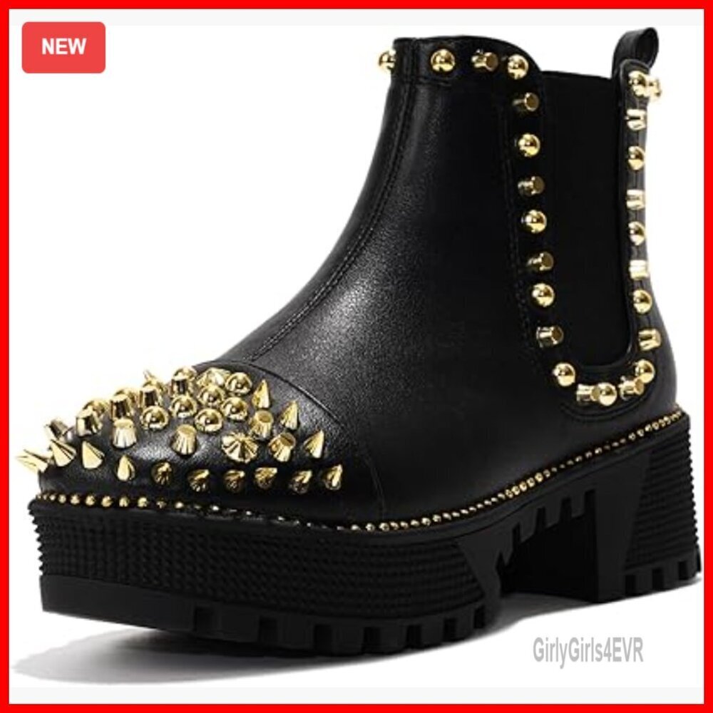 Spiky Platform Combat Boots with Studs, Pull-On Chelsea Style
